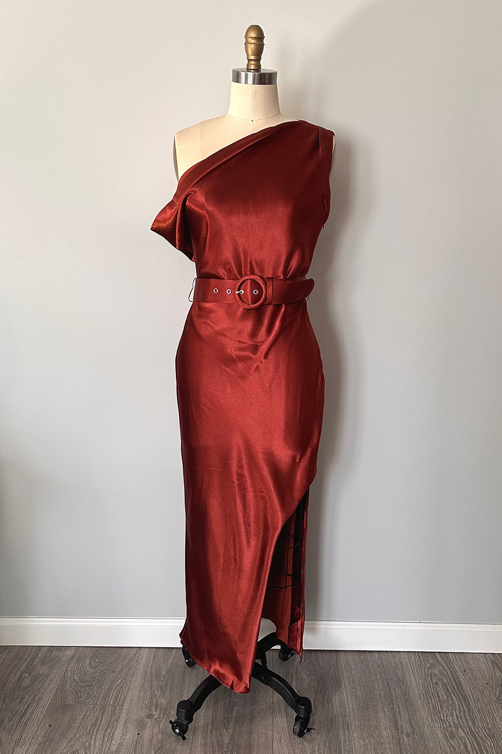 Marilyn Satin Off Shoulder Wiggle Dress Bronze