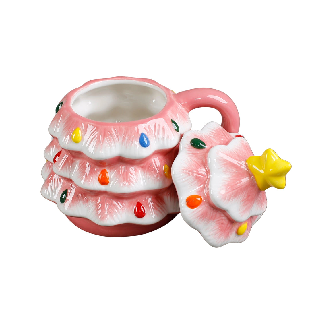 Pink Ceramic Christmas Tree Mug With Lid