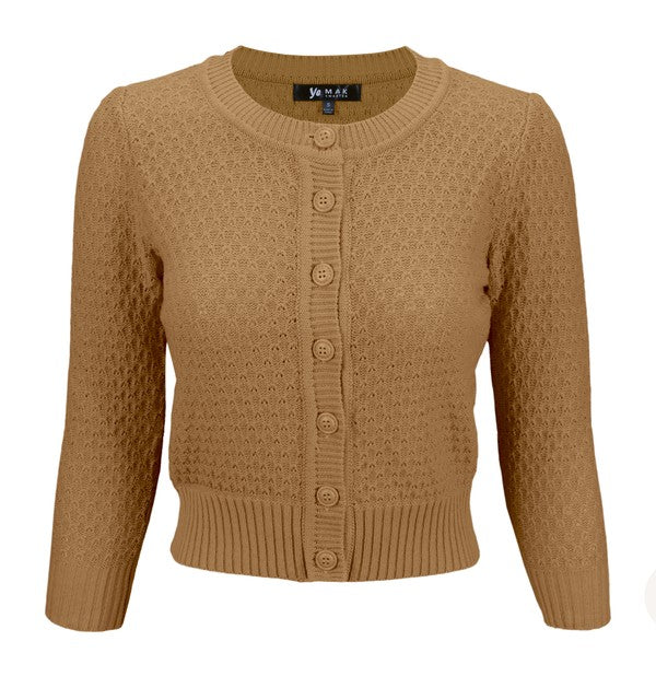 Mak Cute Cropped Cardigan Sweater 3/4 Sleeve S-XL