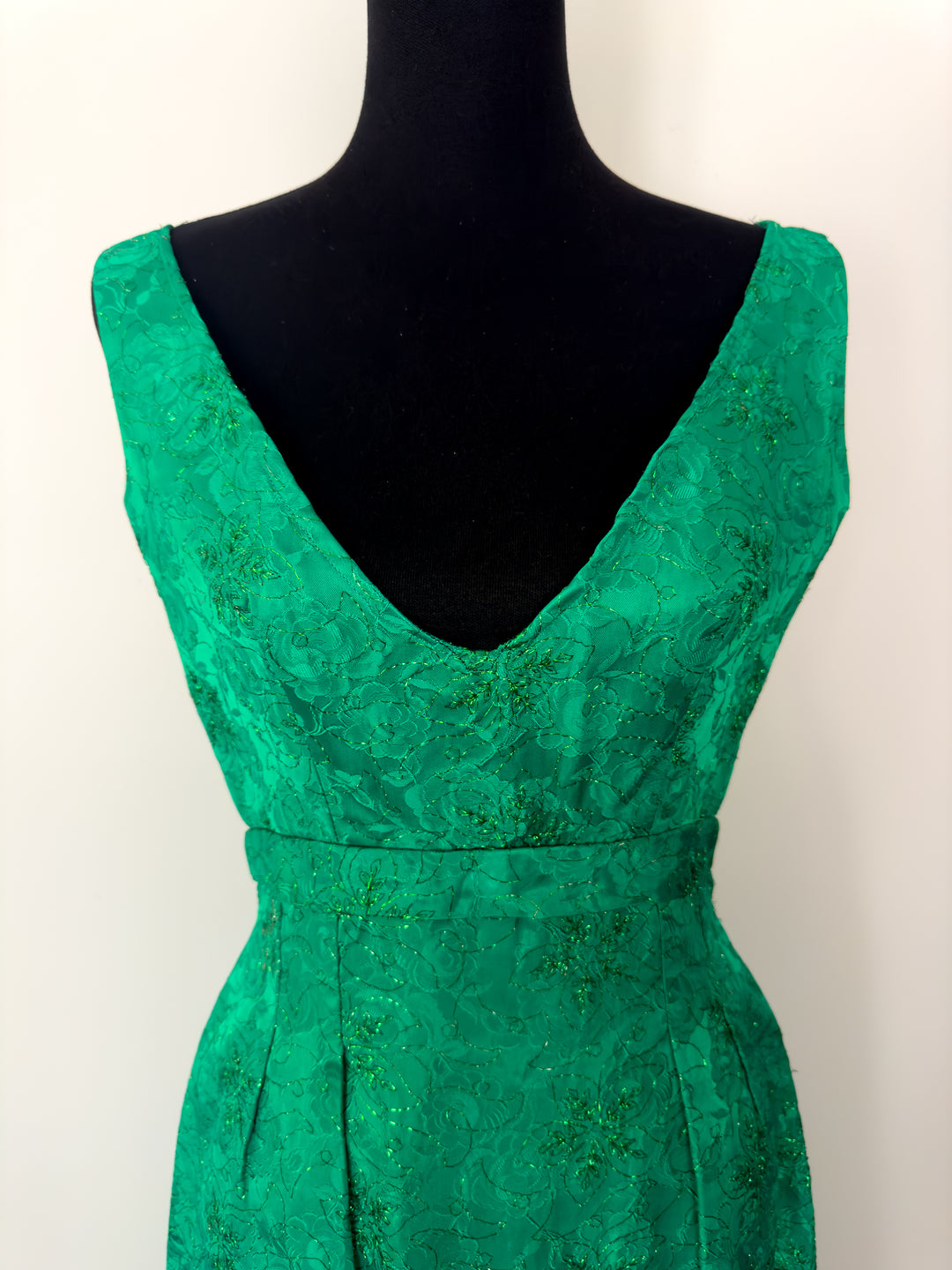 Vintage Emerald Green Brocade Long Empire Waist Maxi Dress with Fringe