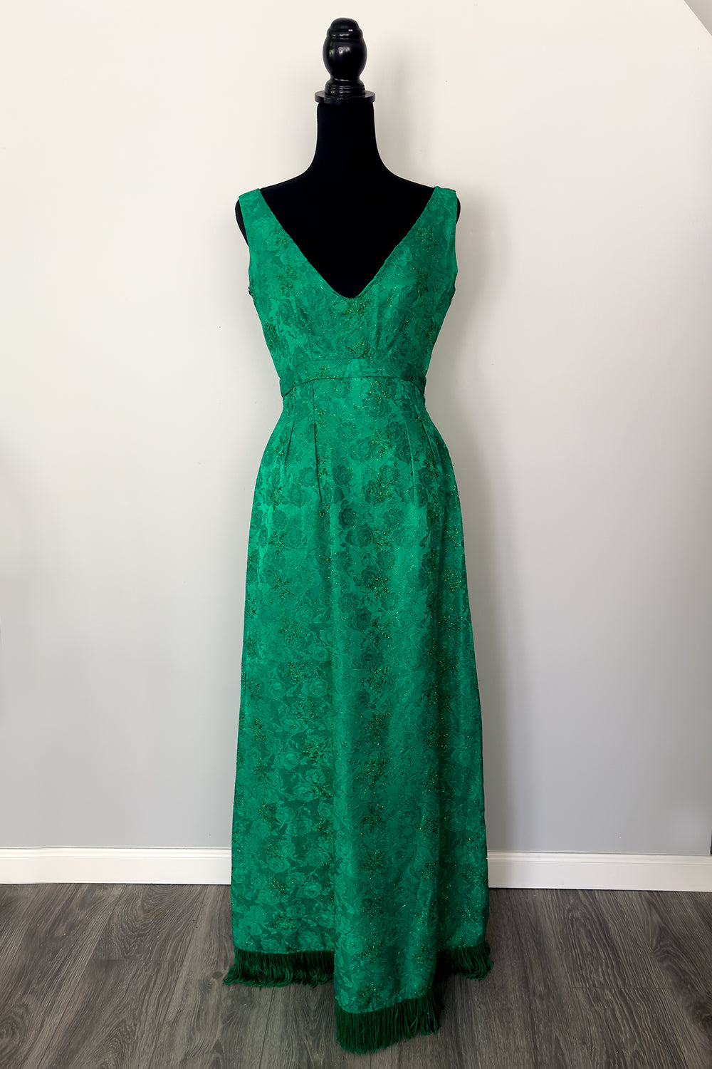 Vintage Emerald Green Brocade Long Empire Waist Maxi Dress with Fringe