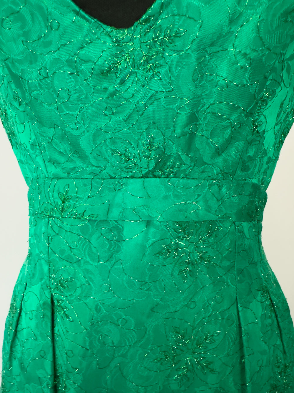 Vintage Emerald Green Brocade Long Empire Waist Maxi Dress with Fringe