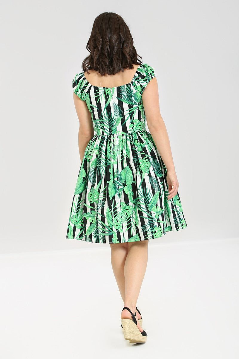 Solana Stripe and Tropical Leaves Peasant Dress