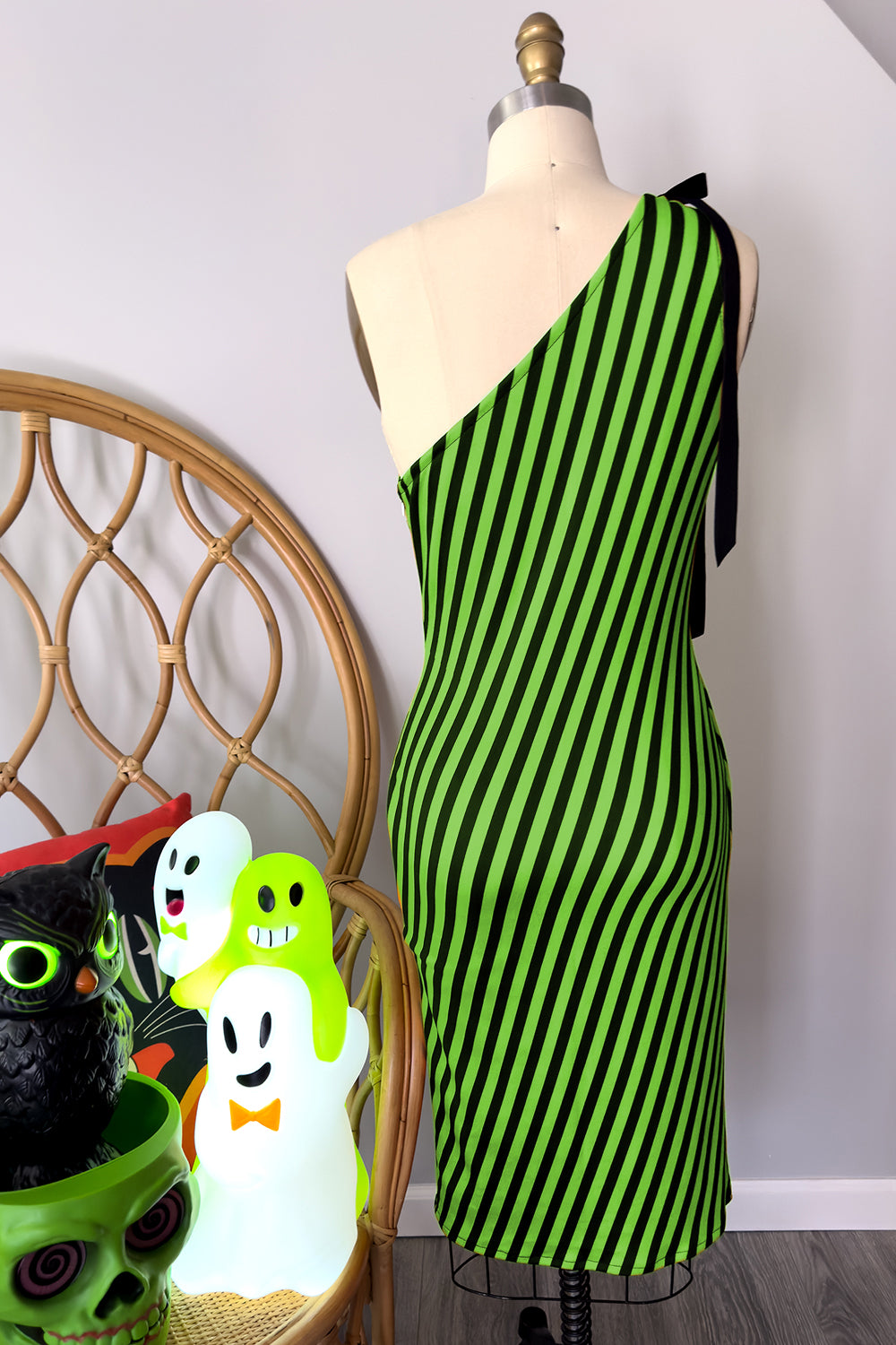 It's Showtime! Green and Black Stripe - One Shoulder Pencil Dress - PRE-ORDER