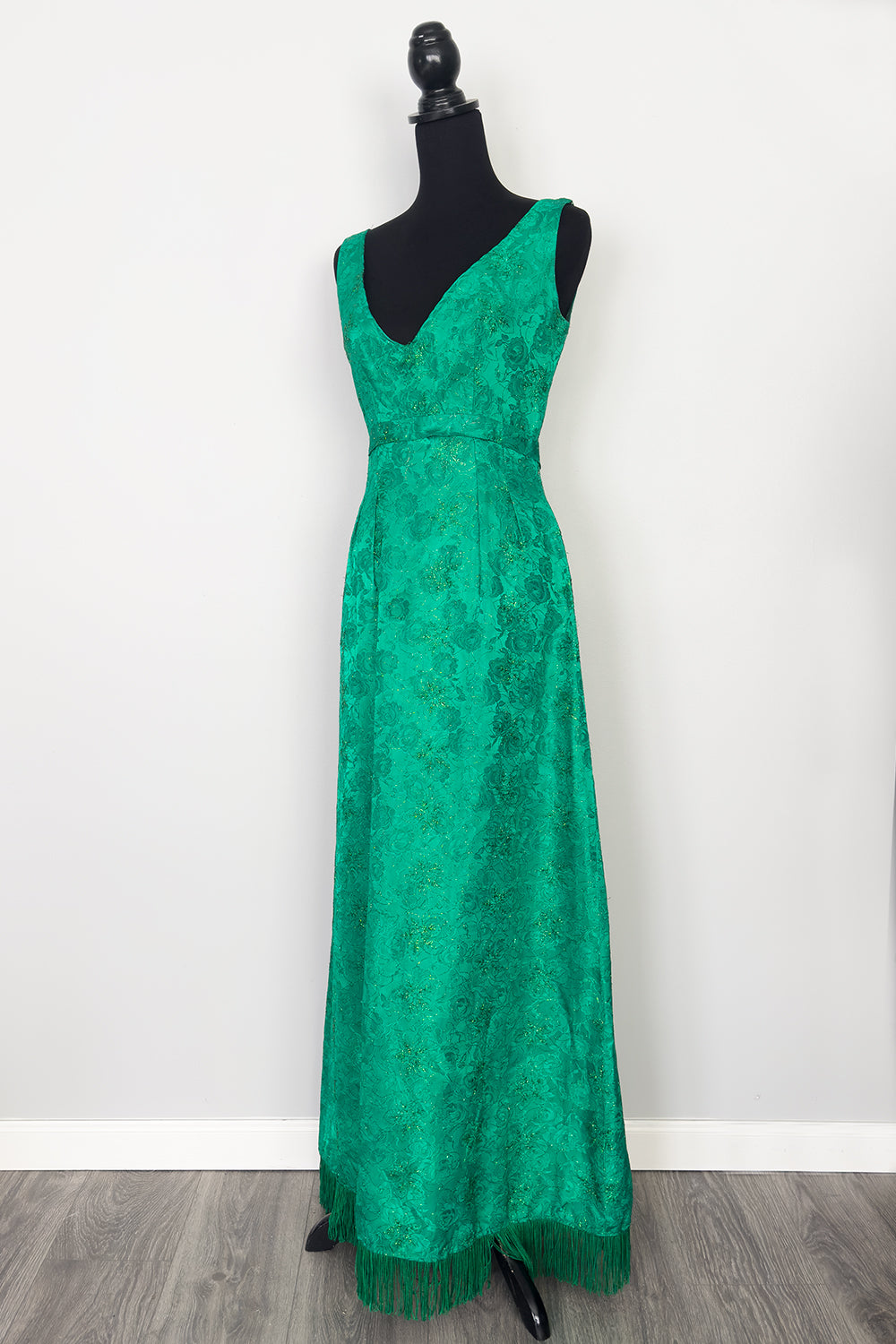 Vintage Emerald Green Brocade Long Empire Waist Maxi Dress with Fringe