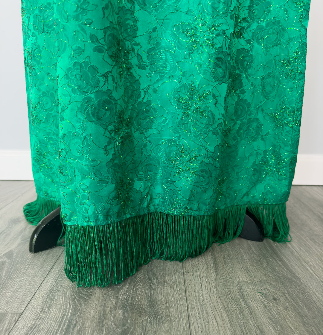 Vintage Emerald Green Brocade Long Empire Waist Maxi Dress with Fringe