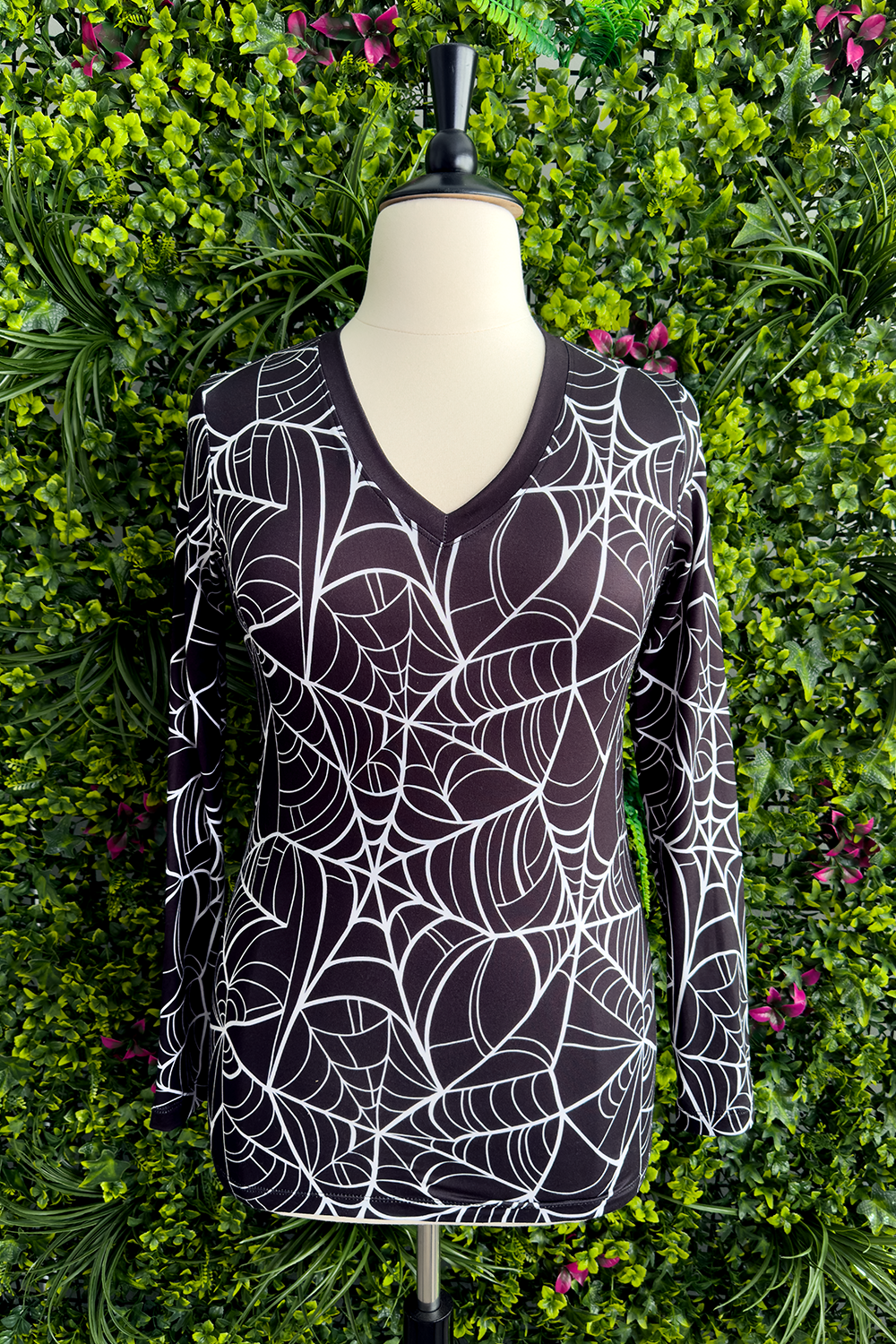 SPOOKY SPIDERWEB ALL OVER PRINT V NECK TOP - MADE TO ORDER