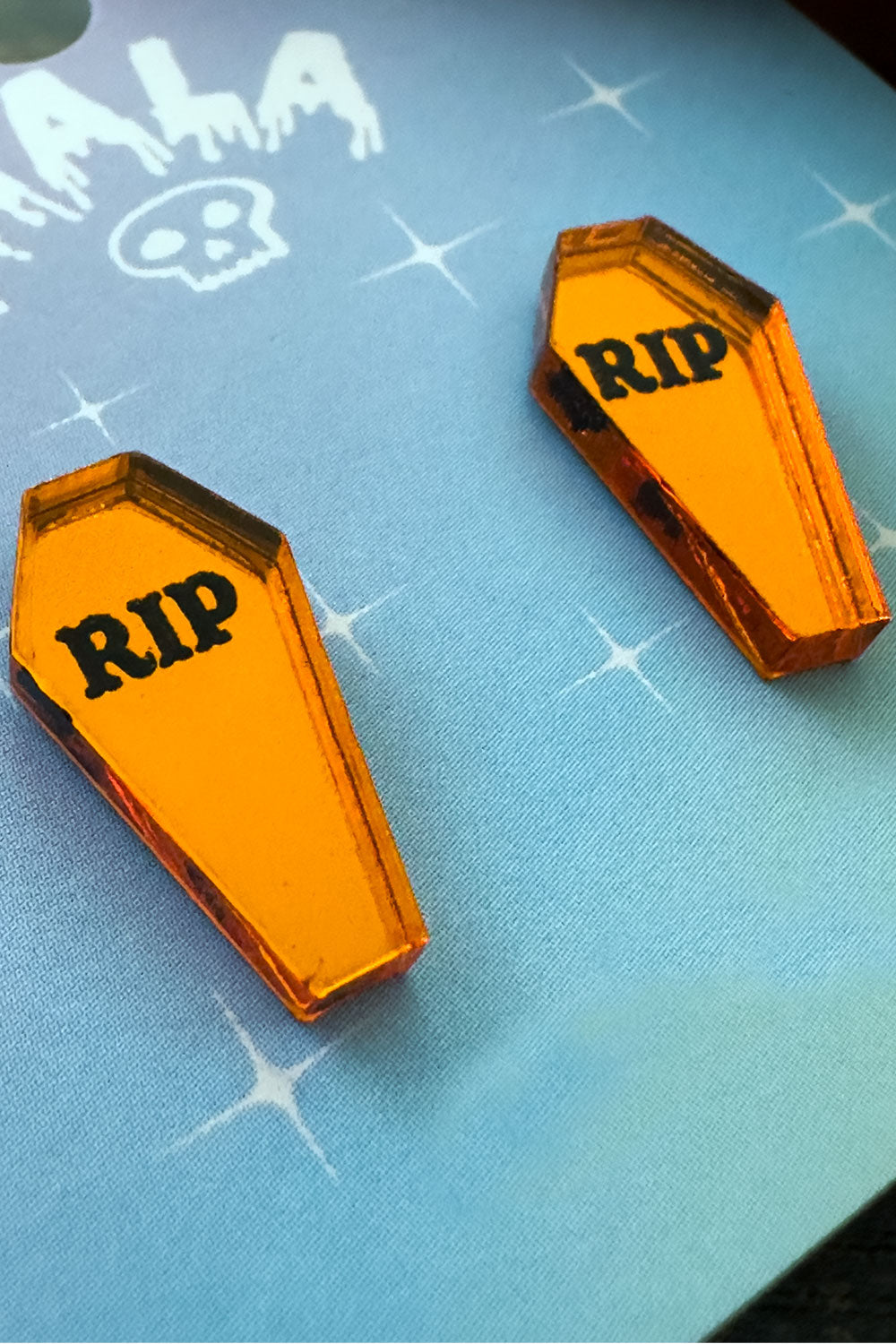 Orange RIP Coffin Earrings