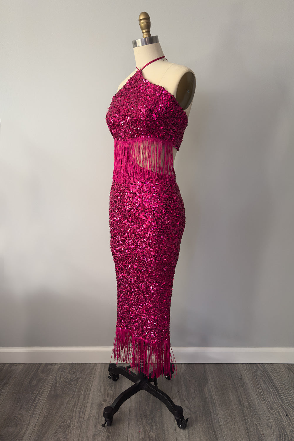 Holiday-A-GO-GO Sequin Dress with Fringe in Pink