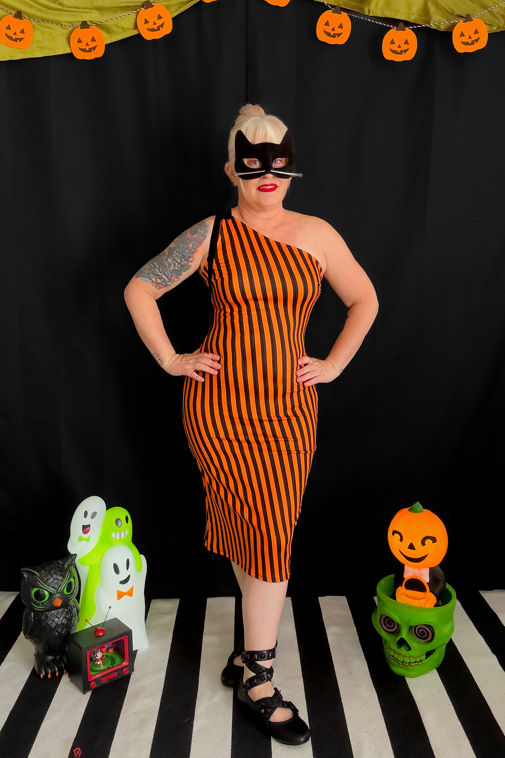 Pumpkin Queen Orange and Black Stripe - One Shoulder Pencil Dress - PRE-ORDER