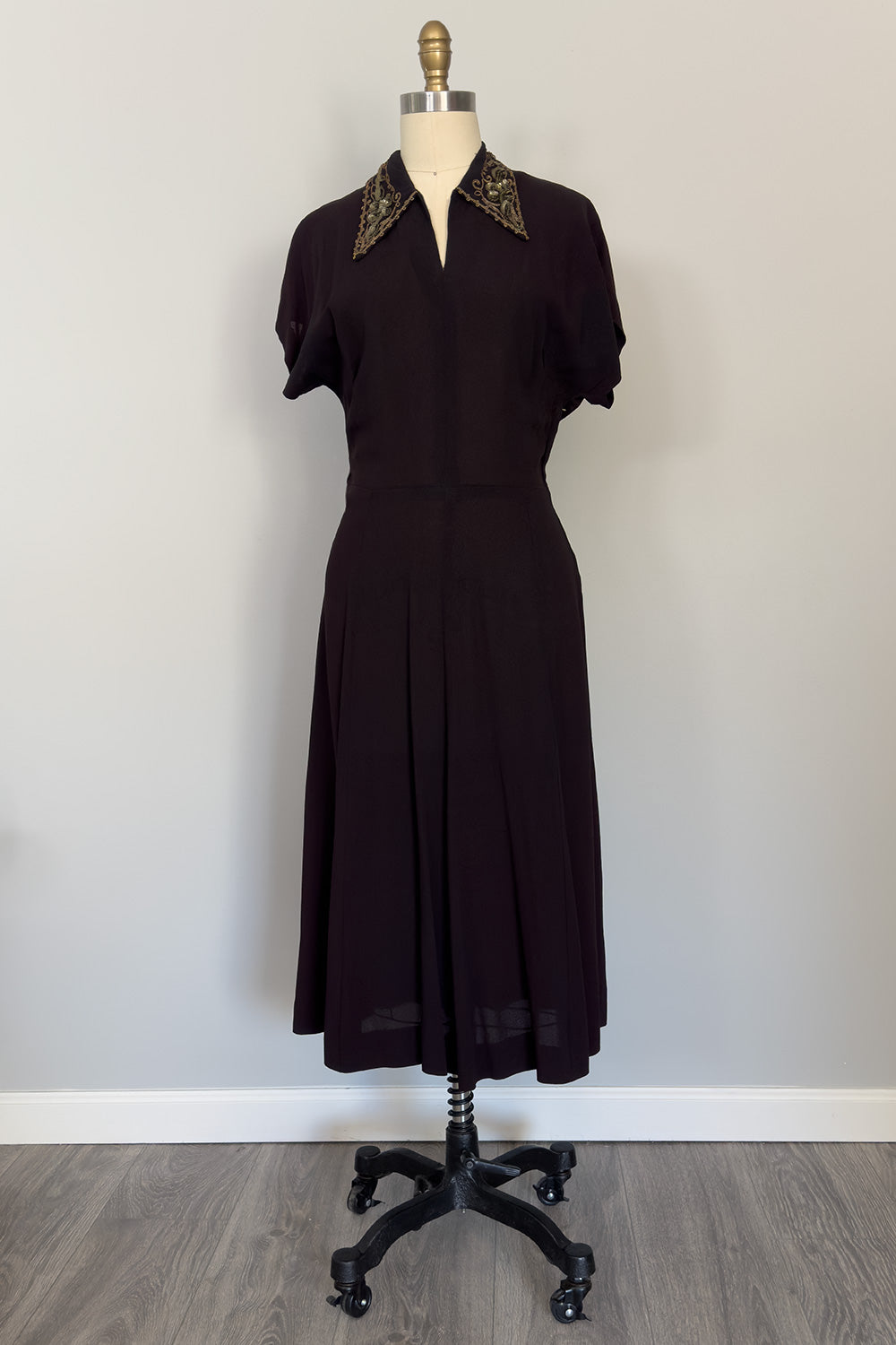 1940's Black Cold Rayon Dress with Decorative Collar - FINAL SALE