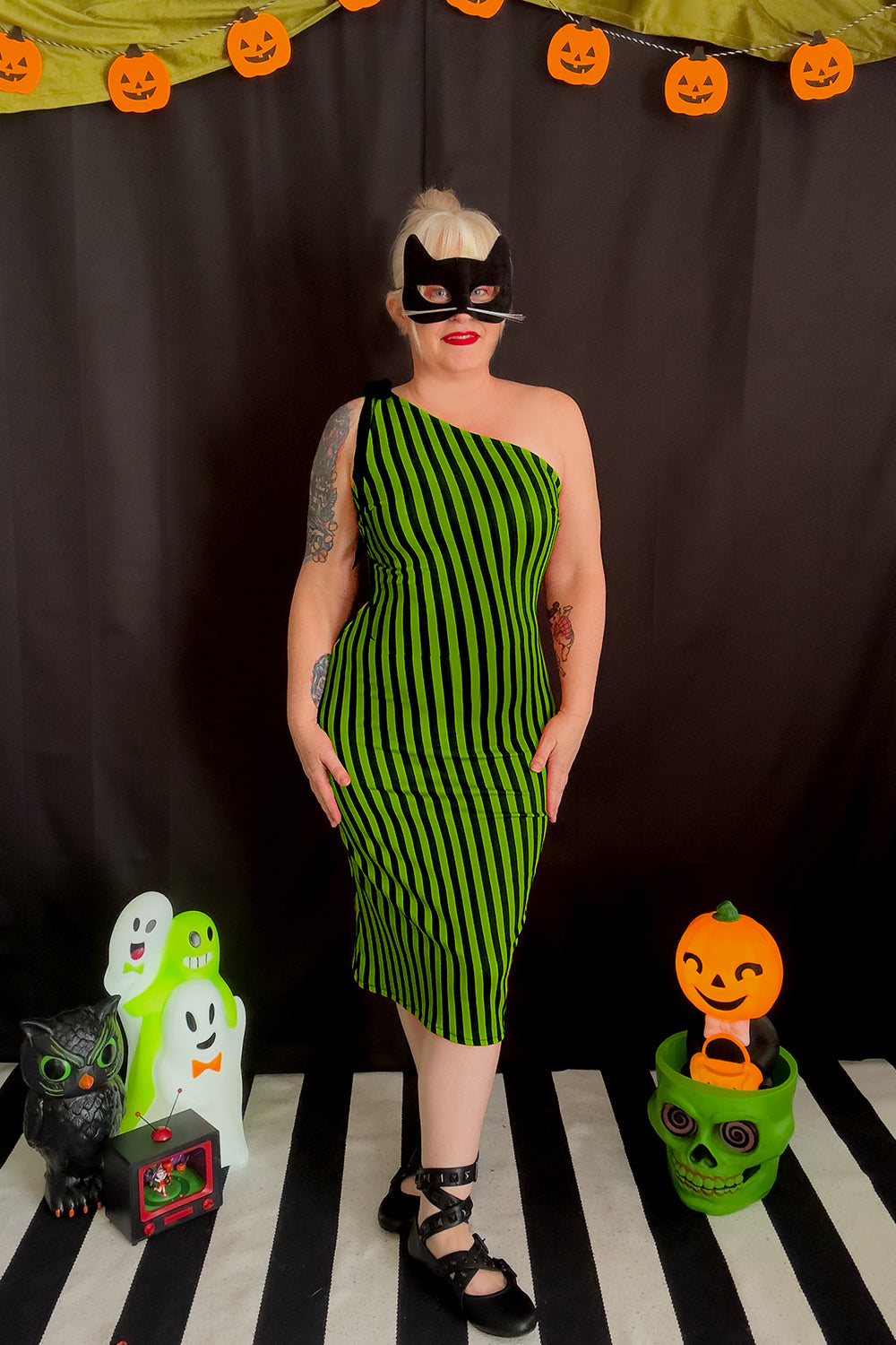 It's Showtime! Green and Black Stripe - One Shoulder Pencil Dress - PRE-ORDER