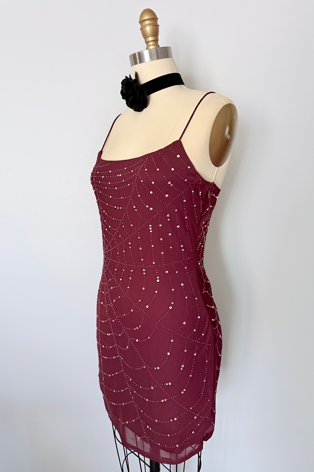 Sparkly Spiderweb Mesh Mini Dress with Rhinestones