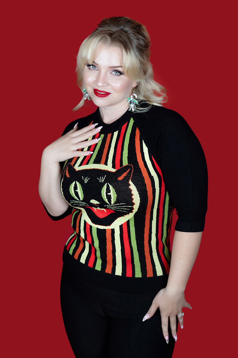 Haunted Holiday Cat Face Stripe Sweater