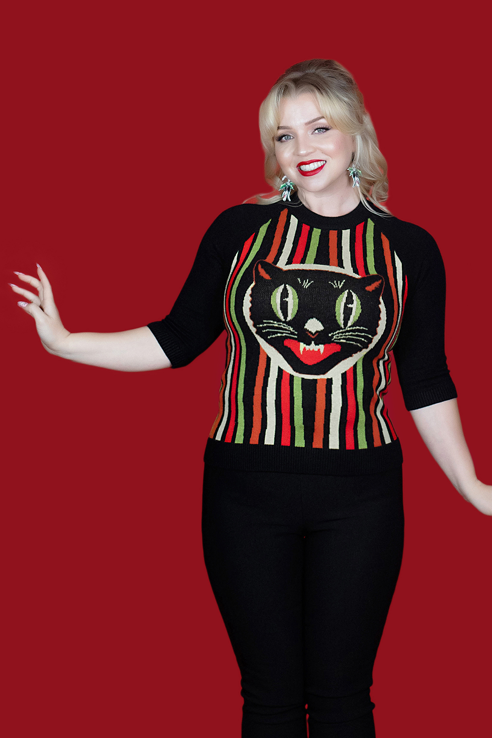 Haunted Holiday Cat Face Stripe Sweater