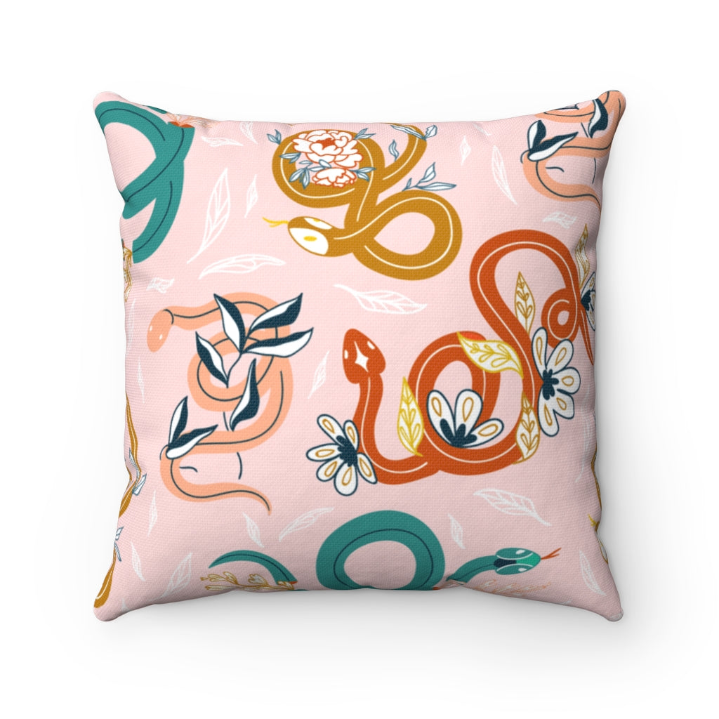 Slithering Snakes Pink Polyester Square Pillow