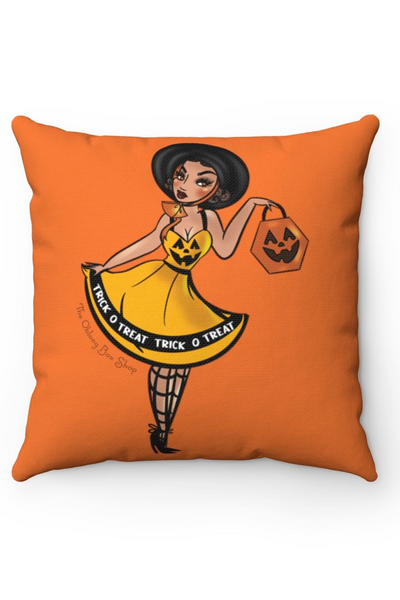 Trick O' Treat Pumpkin Pinup Throw Pillow by Coppertop Ink