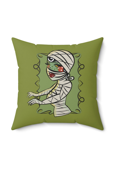 Miss Formaldehyde Mummy Lady by Coppertop Ink Throw Pillow Green