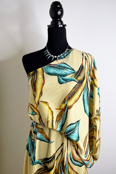 Ohana One Shoulder Drop Sleeve Tropical Maxi Dress in Butter