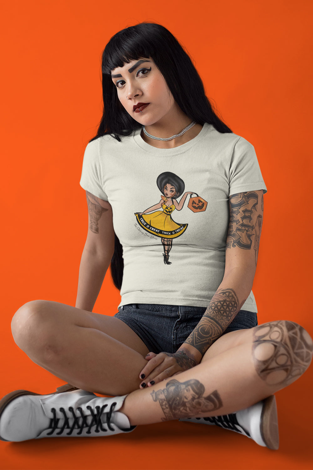 Trick O' Treat Pumpkin Pinup Fitted T by Coppertop Ink