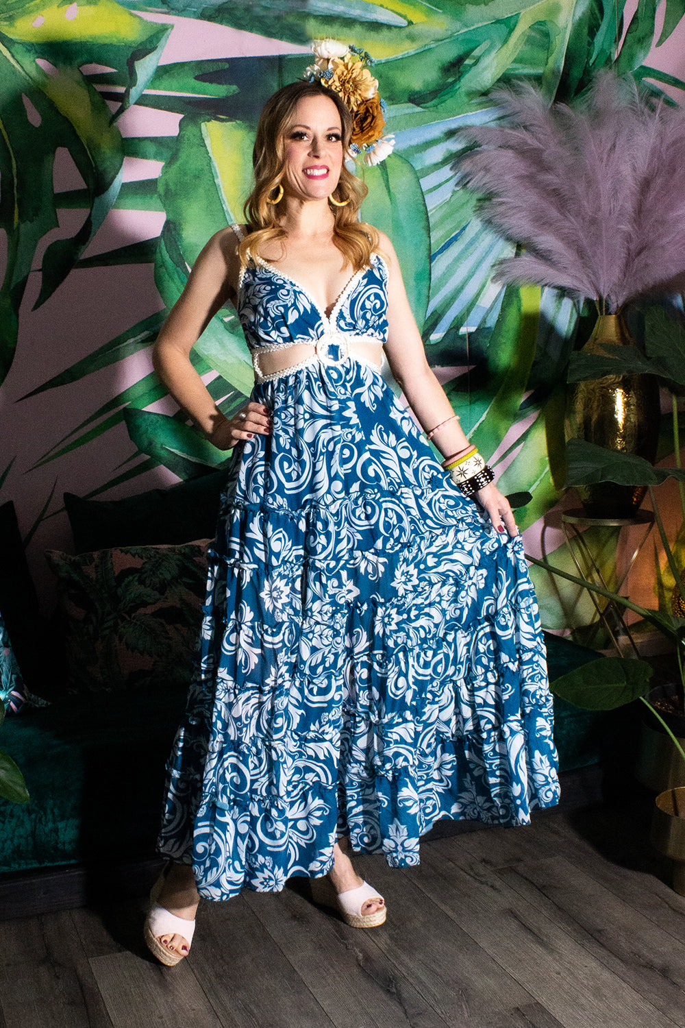 Blue Hawaiian Cutout Maxi Dress