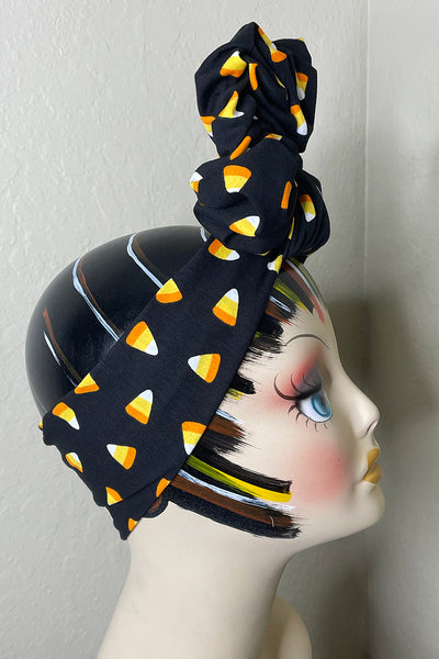 Scrunched Knot 1940's Swirling Turban in CANDY CORN PRINT