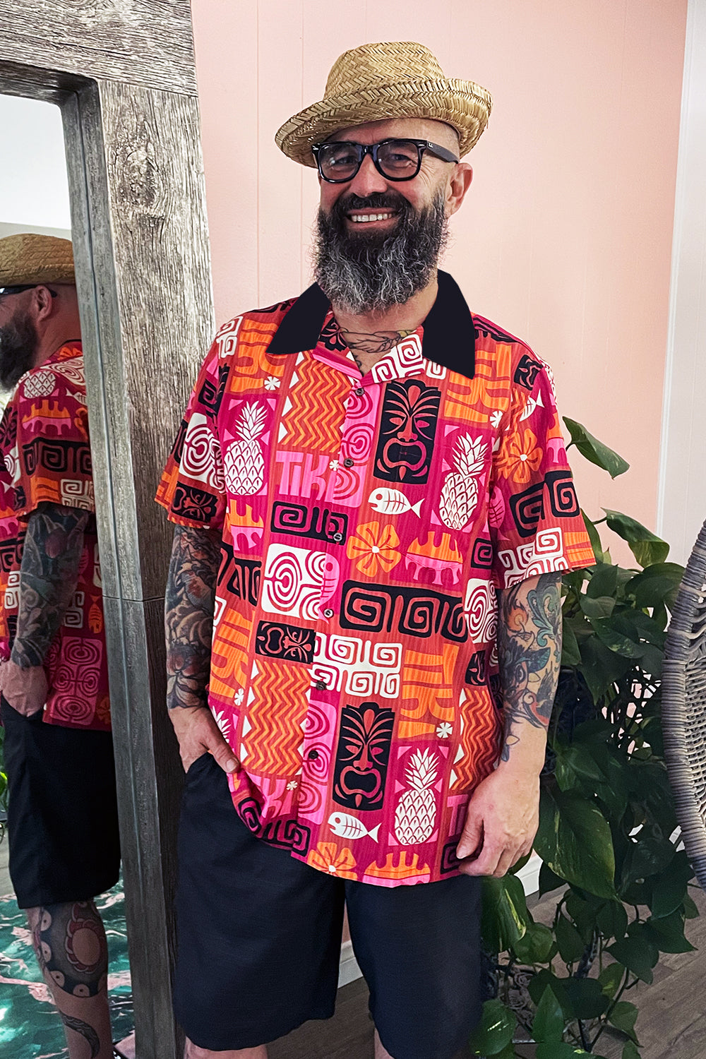 Exotikee of California Tiki Tapa Orange and Pink Button Down Shirt