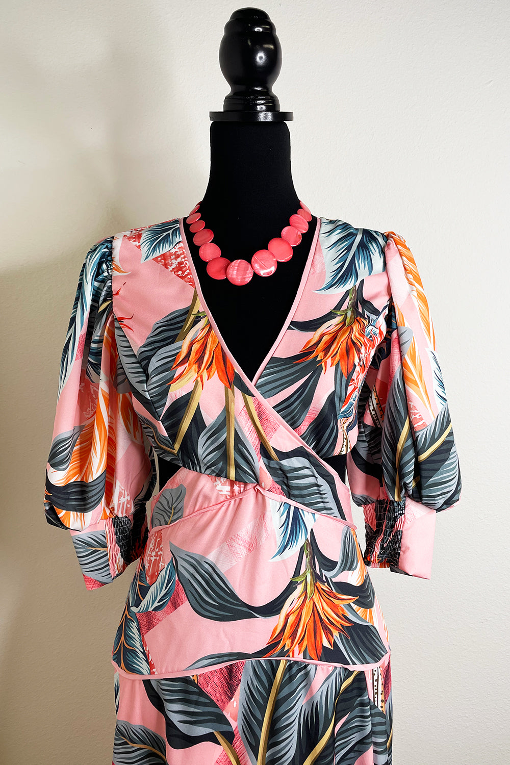 Pink Bird of Paradise Criss Cross Tropical Maxi Dress